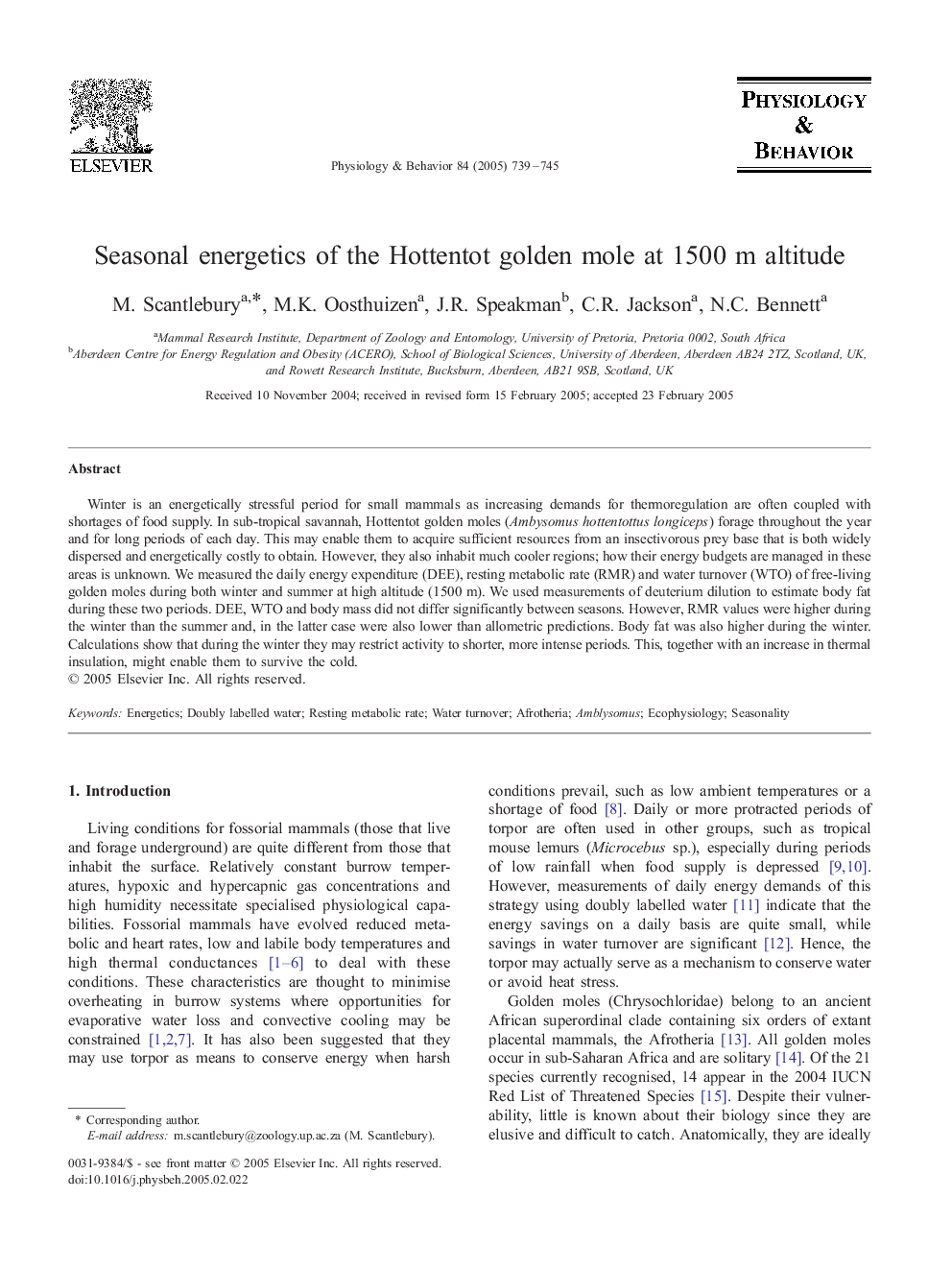 Seasonal energetics of the Hottentot golden mole at 1500 m altitude