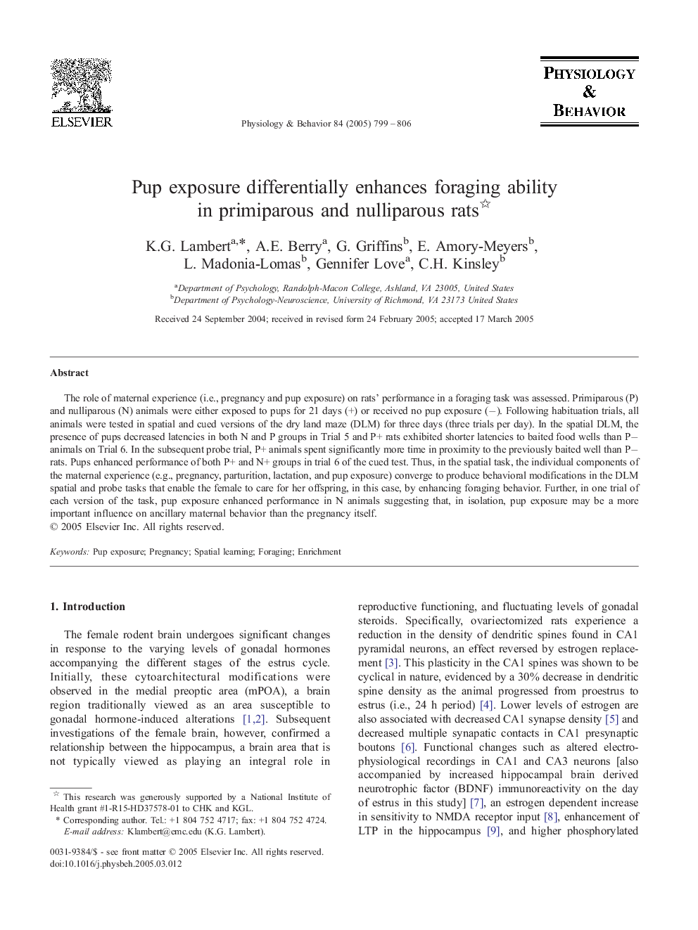 Pup exposure differentially enhances foraging ability in primiparous and nulliparous rats