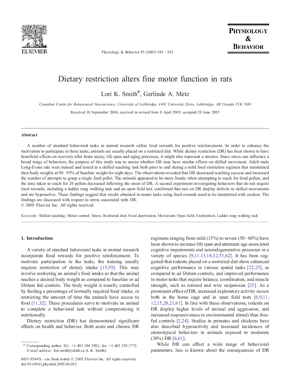 Dietary restriction alters fine motor function in rats