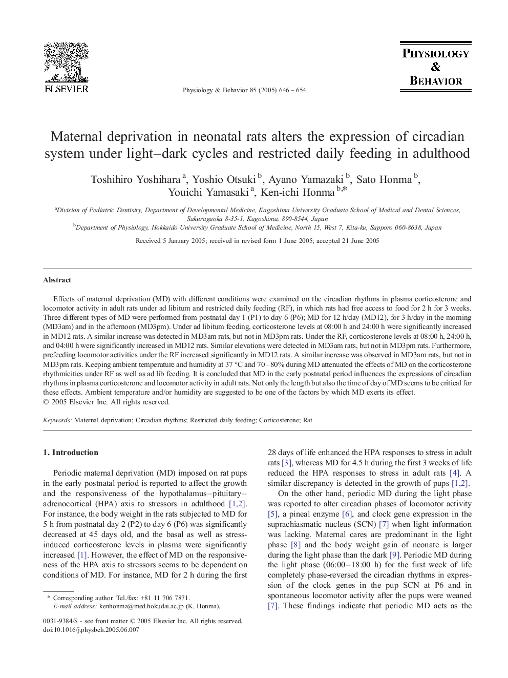 Maternal deprivation in neonatal rats alters the expression of circadian system under light-dark cycles and restricted daily feeding in adulthood