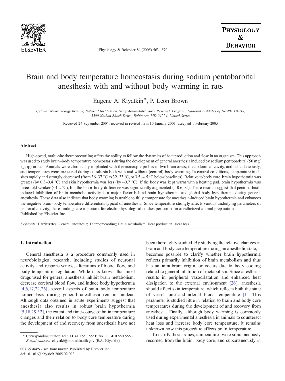 Brain and body temperature homeostasis during sodium pentobarbital anesthesia with and without body warming in rats