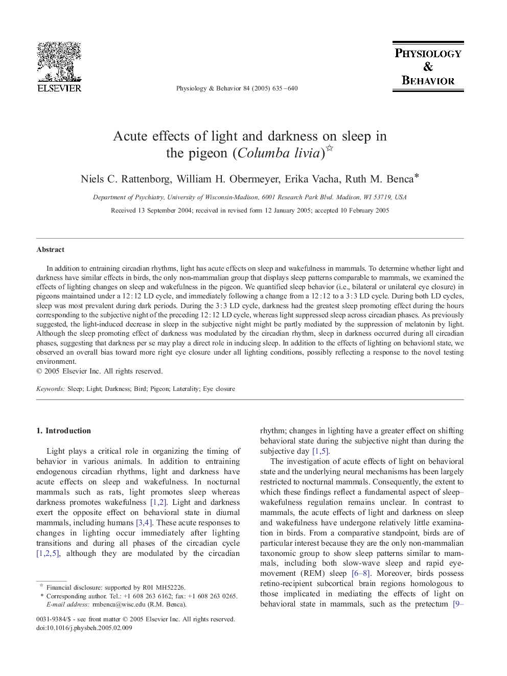 Acute effects of light and darkness on sleep in the pigeon (Columba livia)