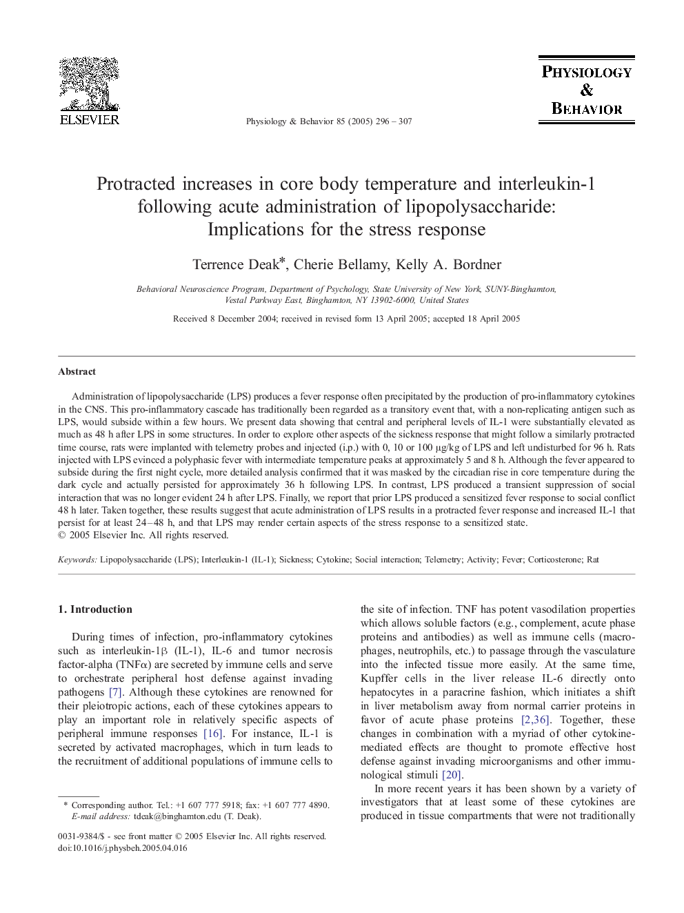 Protracted increases in core body temperature and interleukin-1 following acute administration of lipopolysaccharide: Implications for the stress response