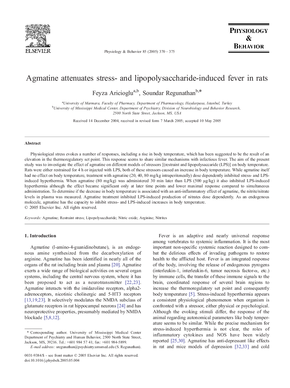 Agmatine attenuates stress- and lipopolysaccharide-induced fever in rats