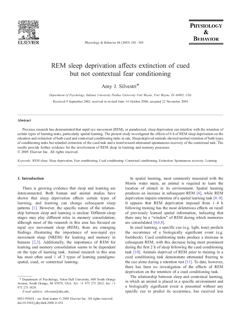 REM sleep deprivation affects extinction of cued but not contextual fear conditioning