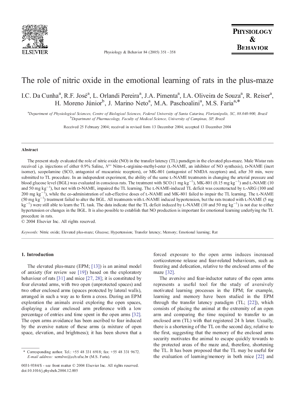 The role of nitric oxide in the emotional learning of rats in the plus-maze