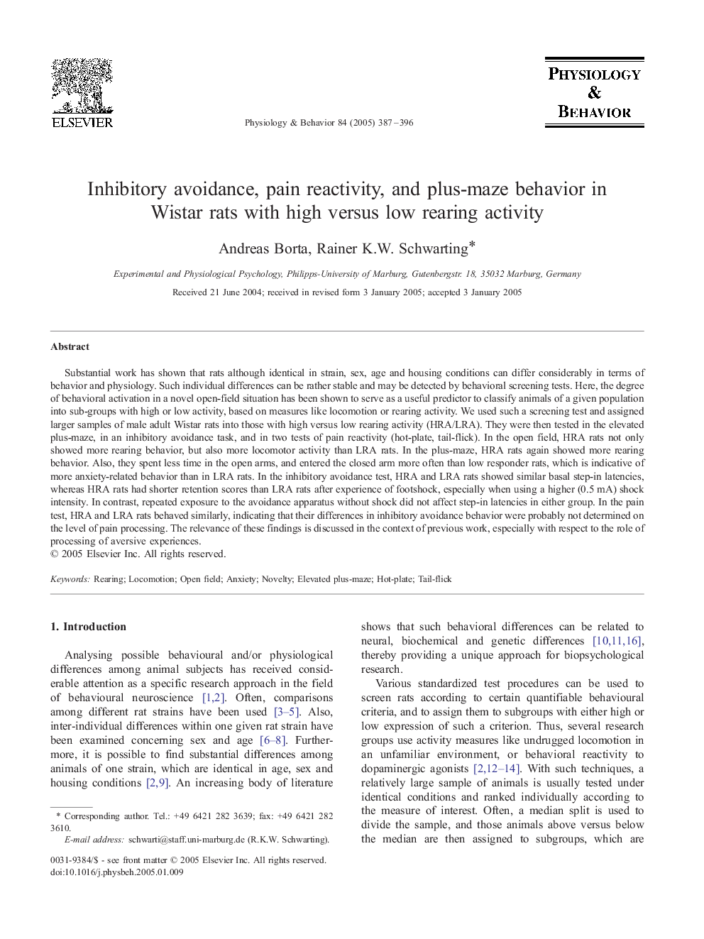 Inhibitory avoidance, pain reactivity, and plus-maze behavior in Wistar rats with high versus low rearing activity