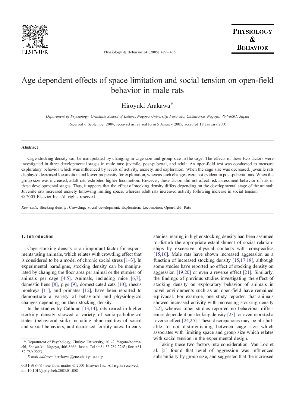 Age dependent effects of space limitation and social tension on open-field behavior in male rats