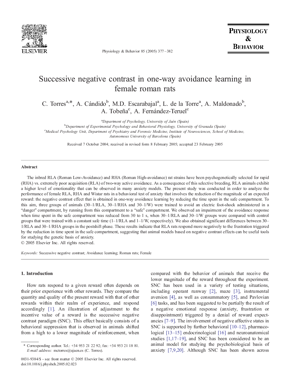 Successive negative contrast in one-way avoidance learning in female roman rats