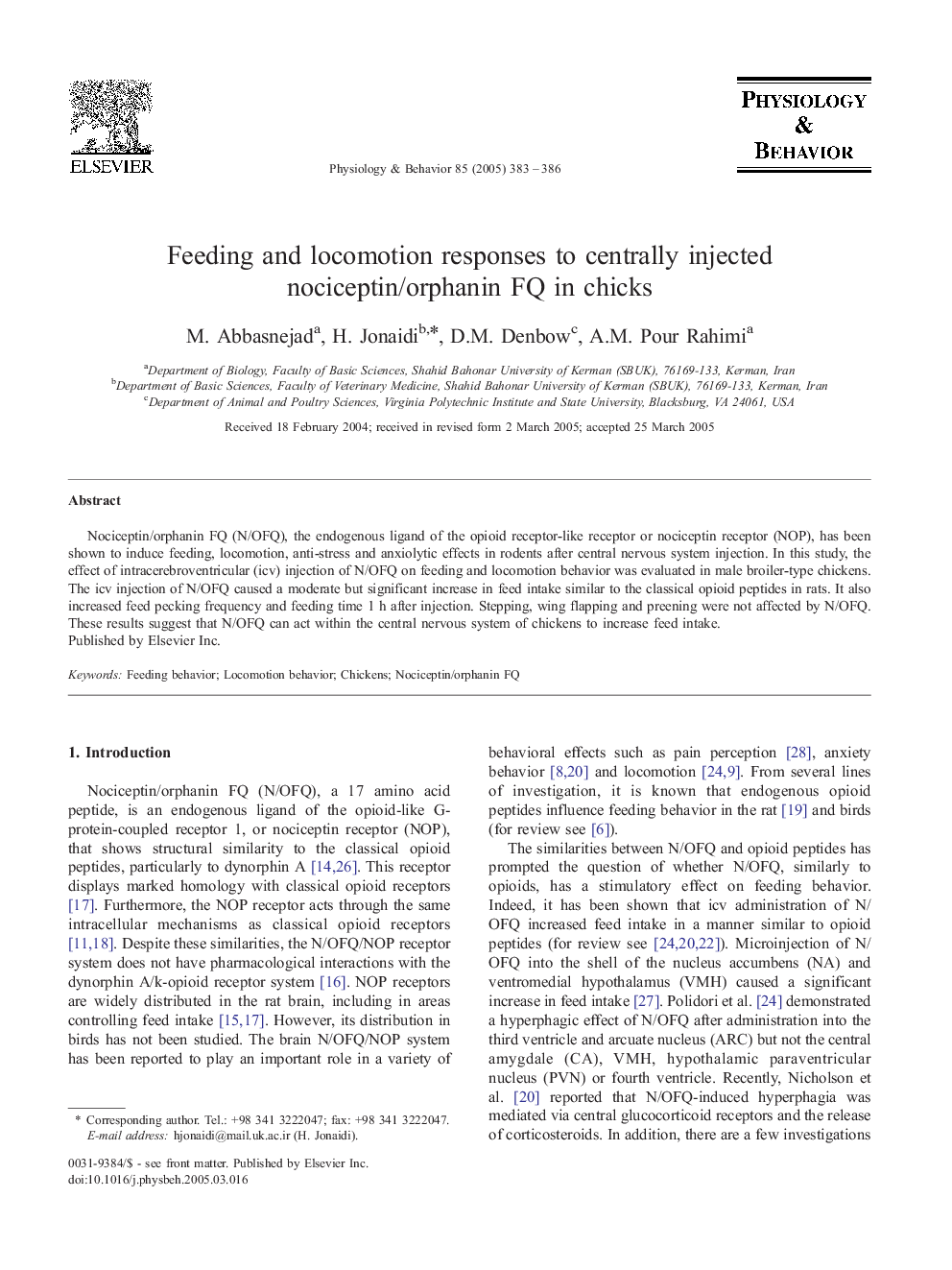 Feeding and locomotion responses to centrally injected nociceptin/orphanin FQ in chicks