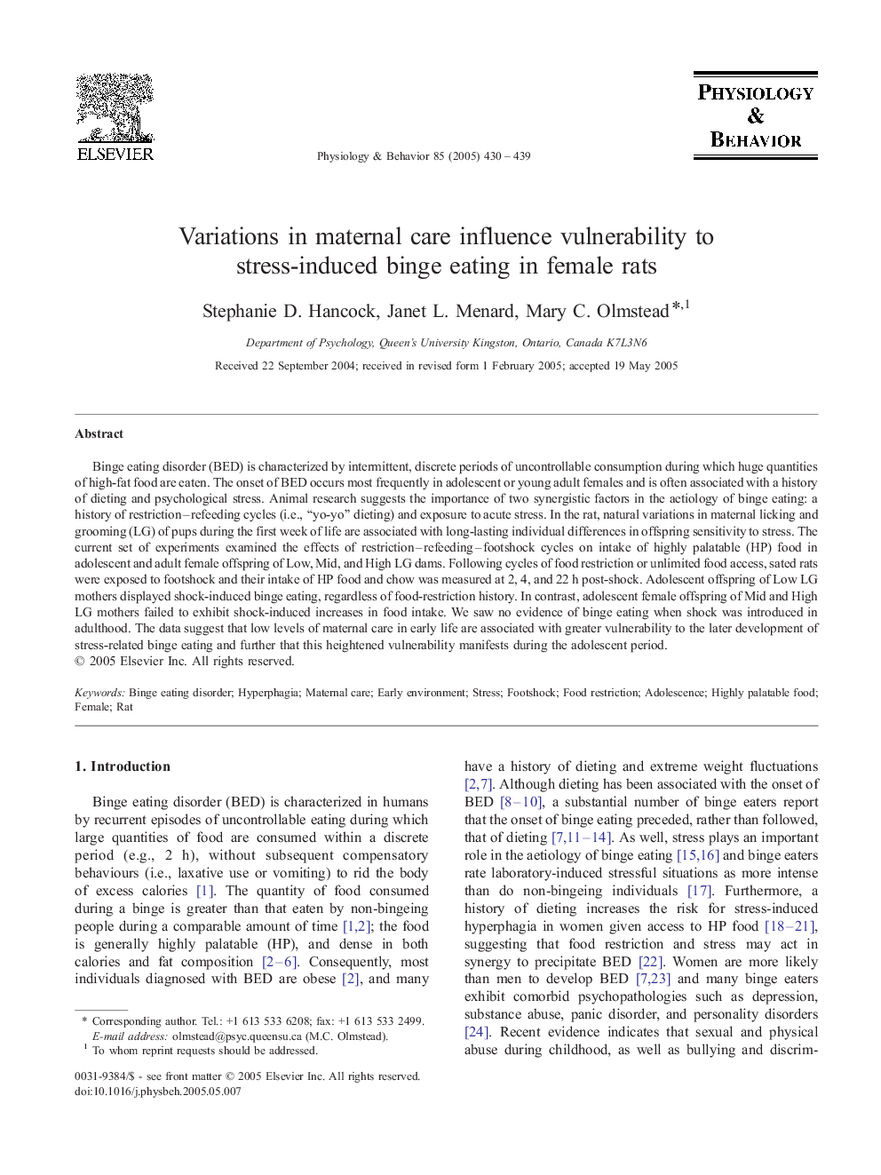 Variations in maternal care influence vulnerability to stress-induced binge eating in female rats