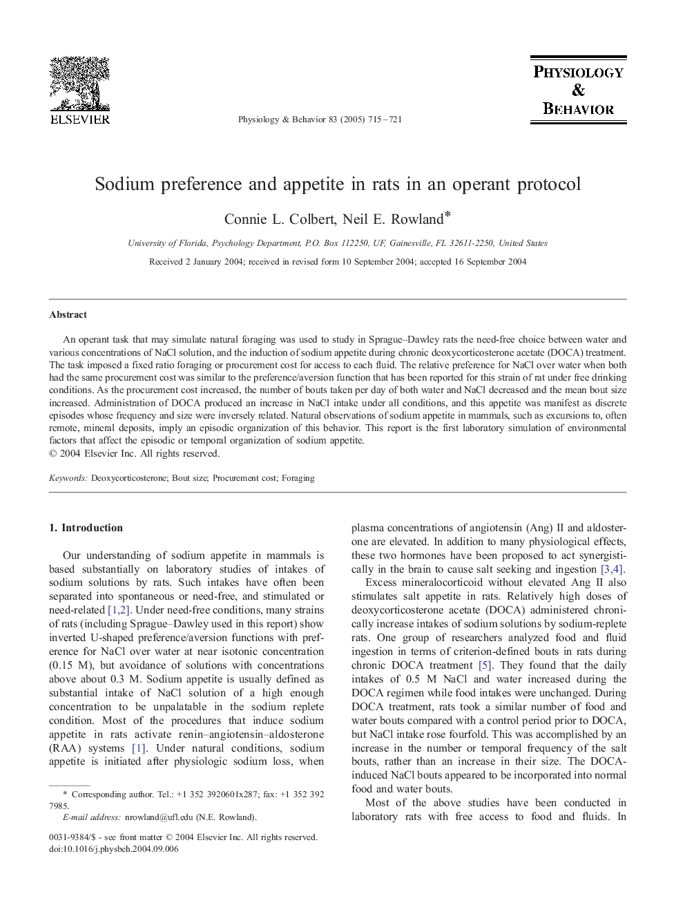 Sodium preference and appetite in rats in an operant protocol