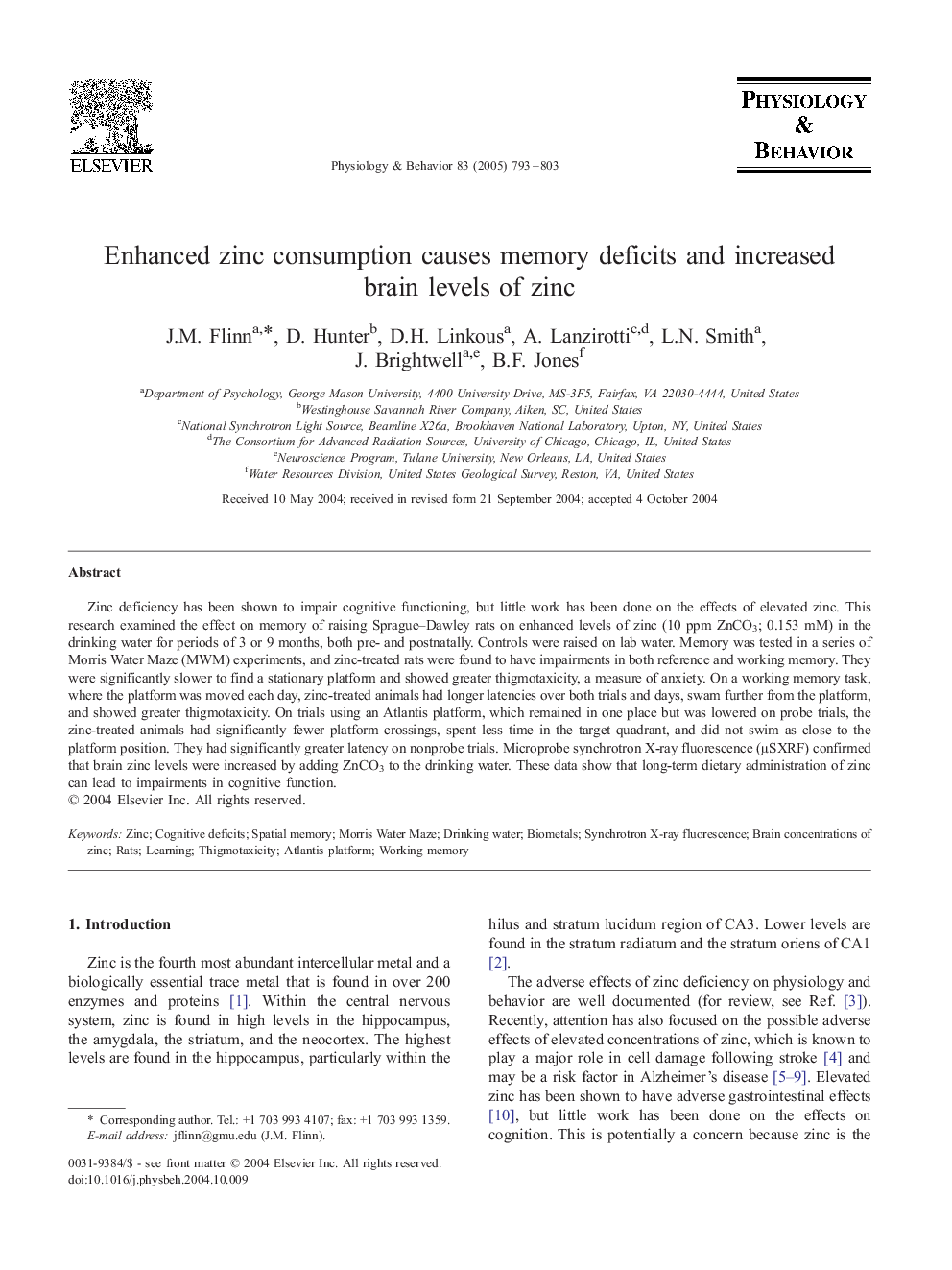 Enhanced zinc consumption causes memory deficits and increased brain levels of zinc