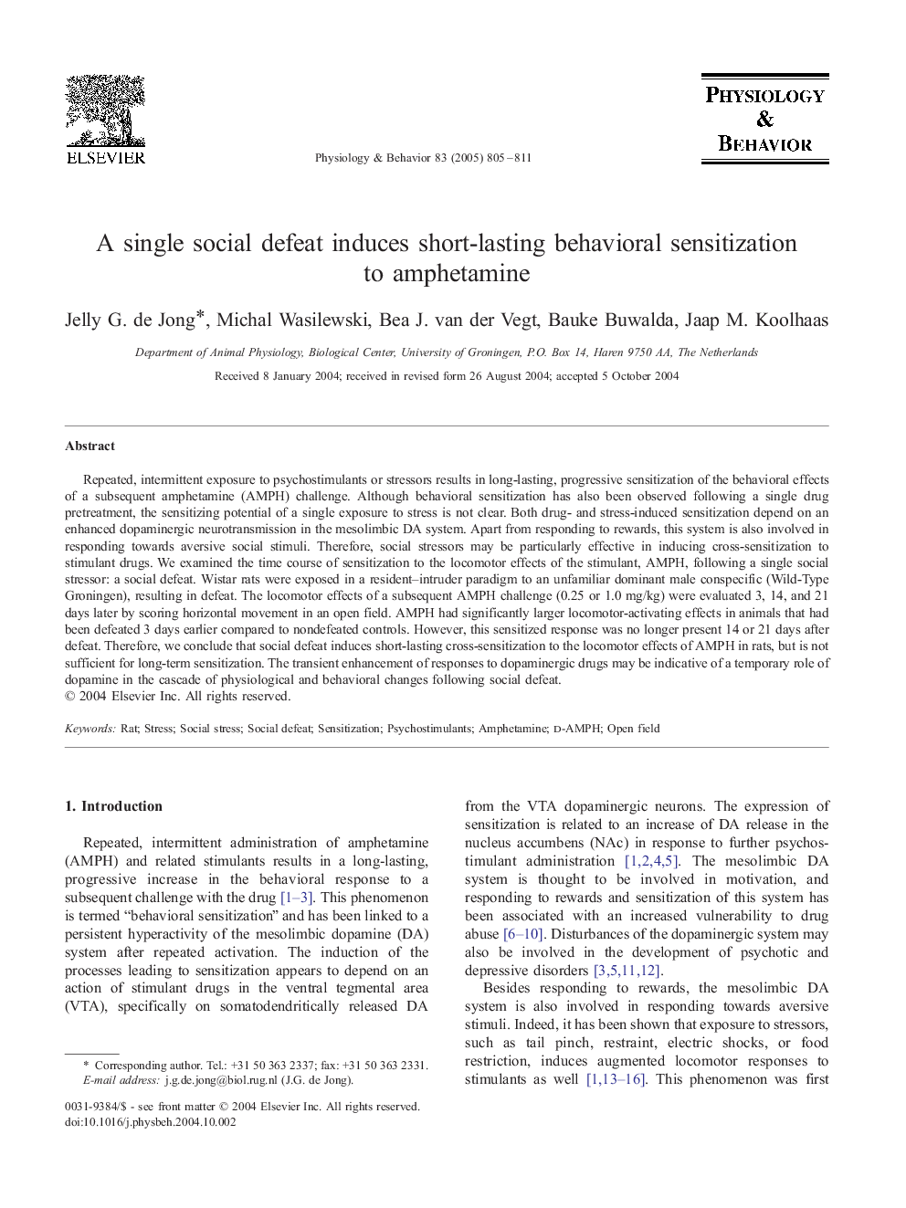 A single social defeat induces short-lasting behavioral sensitization to amphetamine