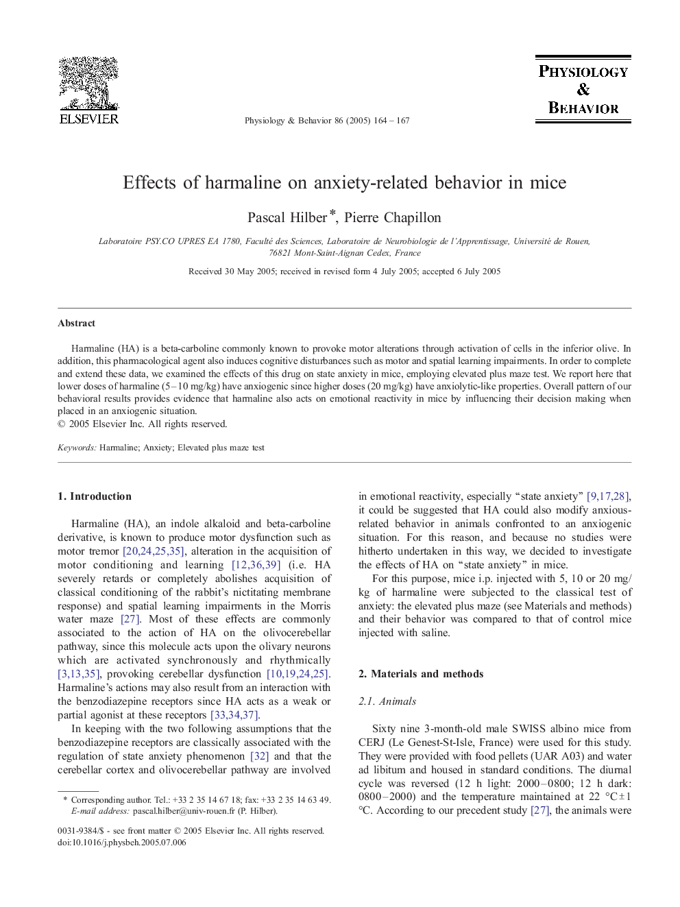 Effects of harmaline on anxiety-related behavior in mice