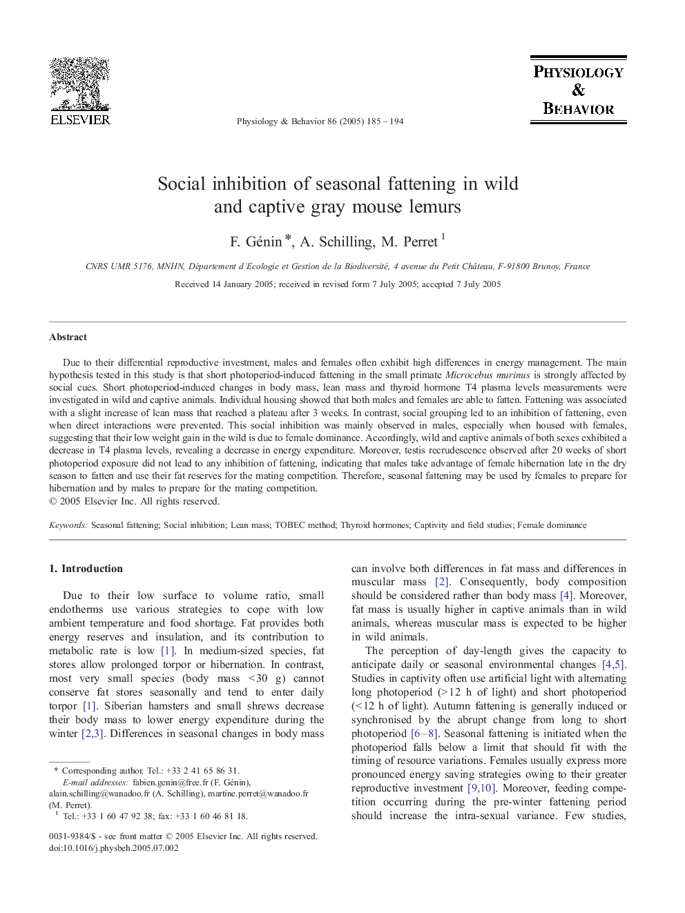 Social inhibition of seasonal fattening in wild and captive gray mouse lemurs