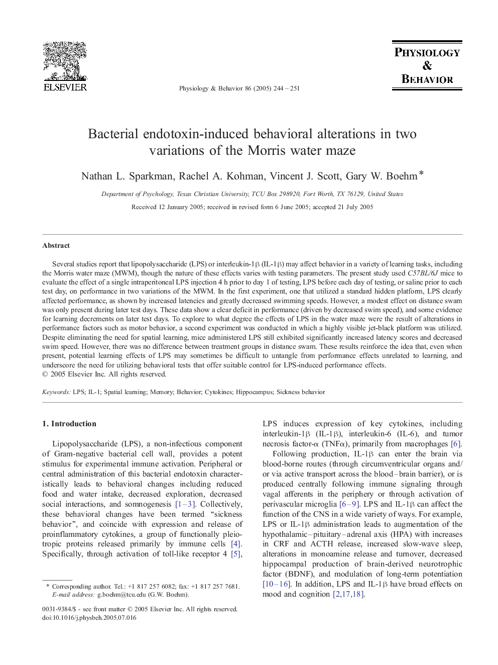 Bacterial endotoxin-induced behavioral alterations in two variations of the Morris water maze