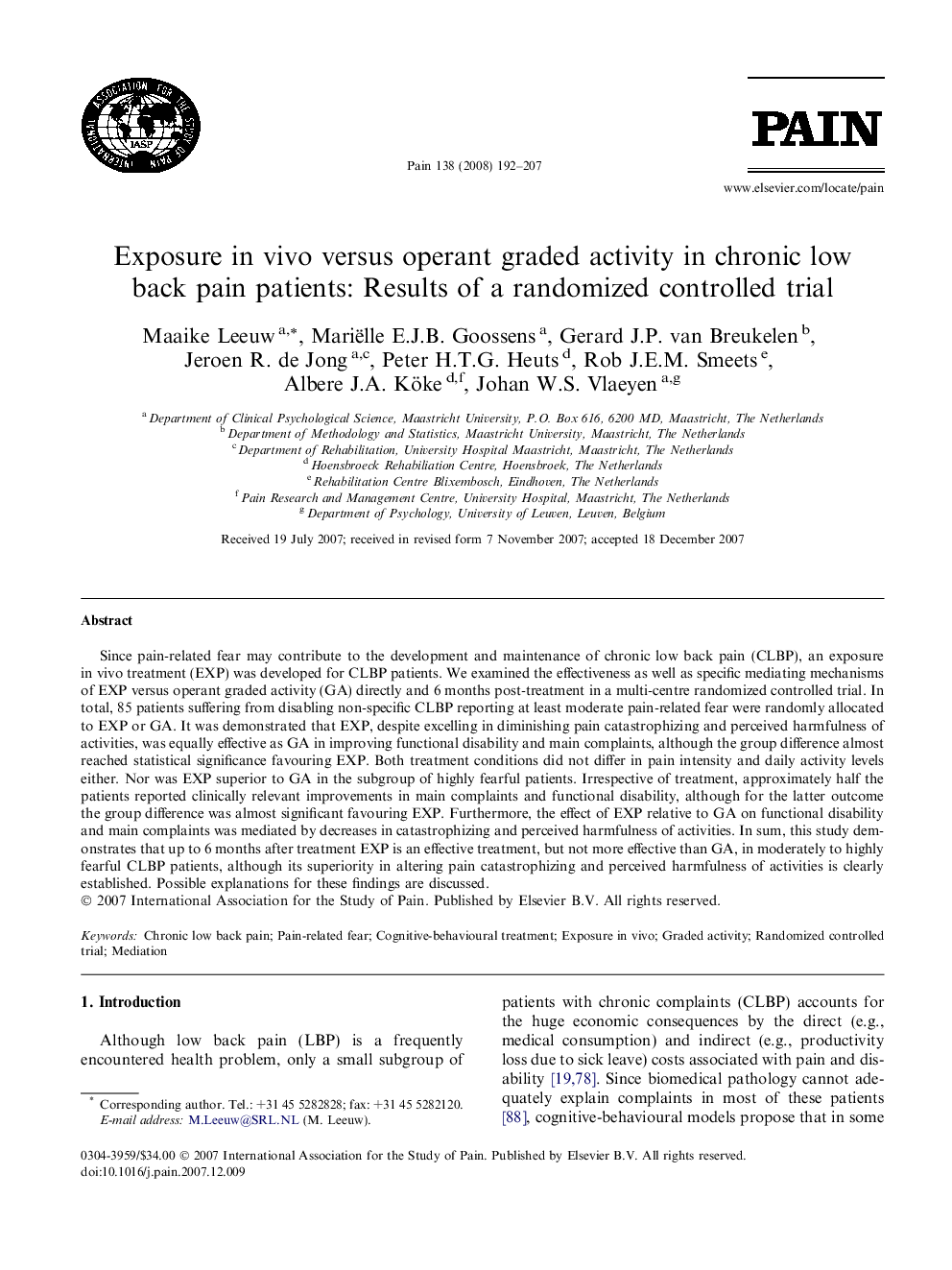 Exposure in vivo versus operant graded activity in chronic low back pain patients: Results of a randomized controlled trial