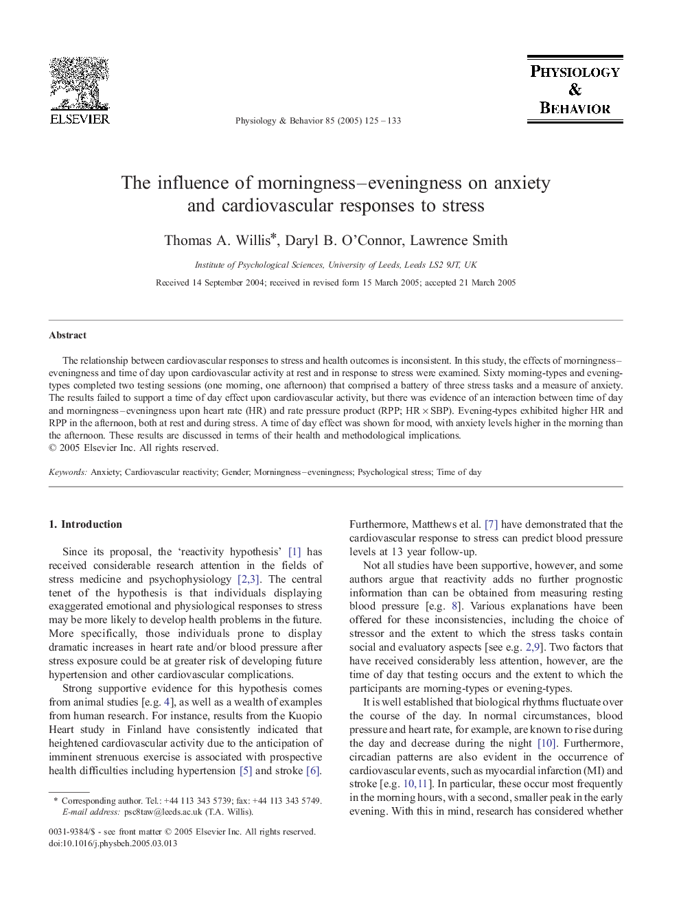 The influence of morningness-eveningness on anxiety and cardiovascular responses to stress