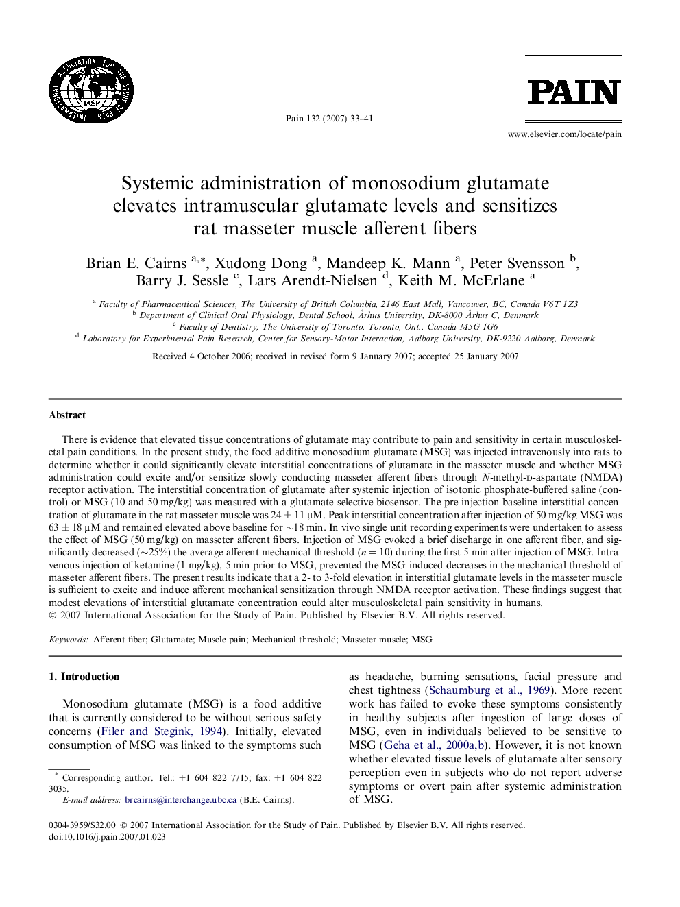 Systemic administration of monosodium glutamate elevates intramuscular glutamate levels and sensitizes rat masseter muscle afferent fibers