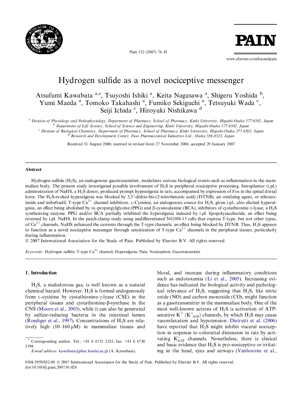 Hydrogen sulfide as a novel nociceptive messenger