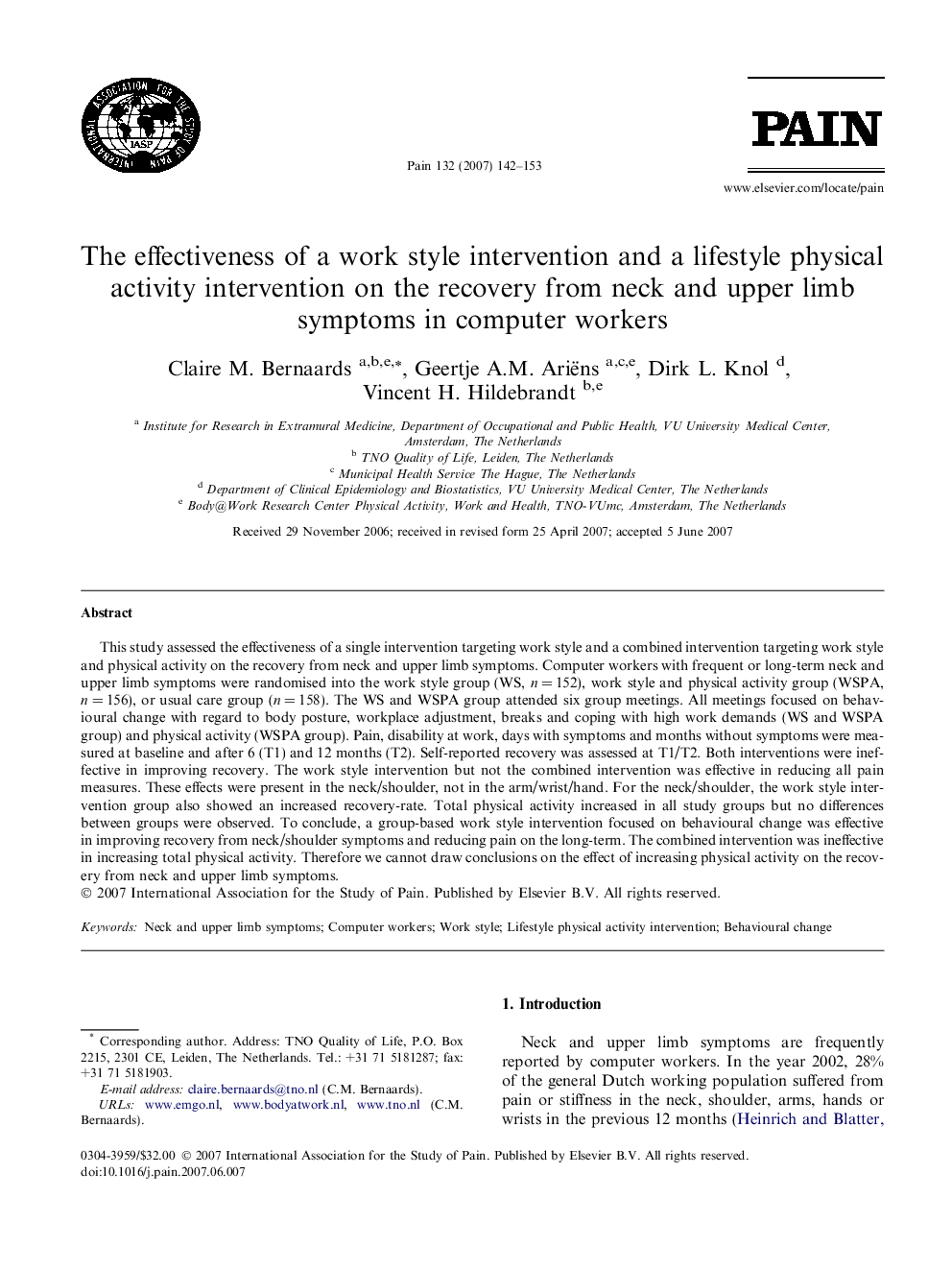 The effectiveness of a work style intervention and a lifestyle physical activity intervention on the recovery from neck and upper limb symptoms in computer workers