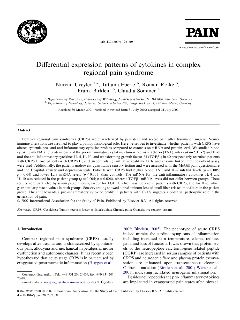 عکس صفحه اول مقاله: Differential expression patterns of cytokines in complex regional pain syndrome Differential expression patterns of cytokines in complex regional pain syndrome