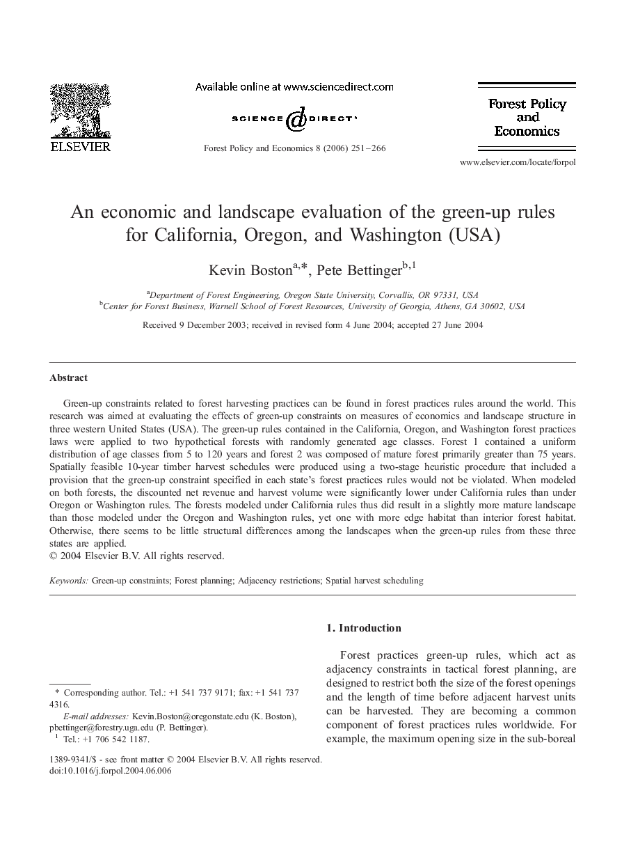 An economic and landscape evaluation of the green-up rules for California, Oregon, and Washington (USA)