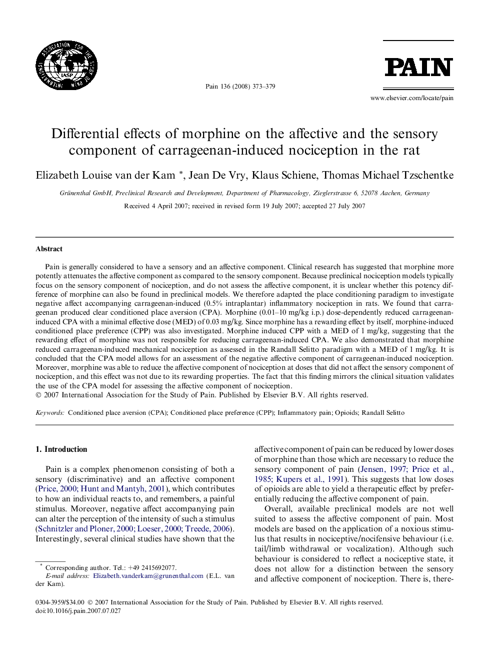 Differential effects of morphine on the affective and the sensory component of carrageenan-induced nociception in the rat