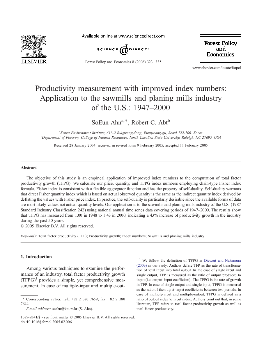 عکس صفحه اول مقاله: Productivity measurement with improved index numbers: Application to the sawmills and planing mills industry of the U.S.: 1947–2000 Productivity measurement with improved index numbers: Application to the sawmills and planing mills industry of the U.S.: 1947–2000