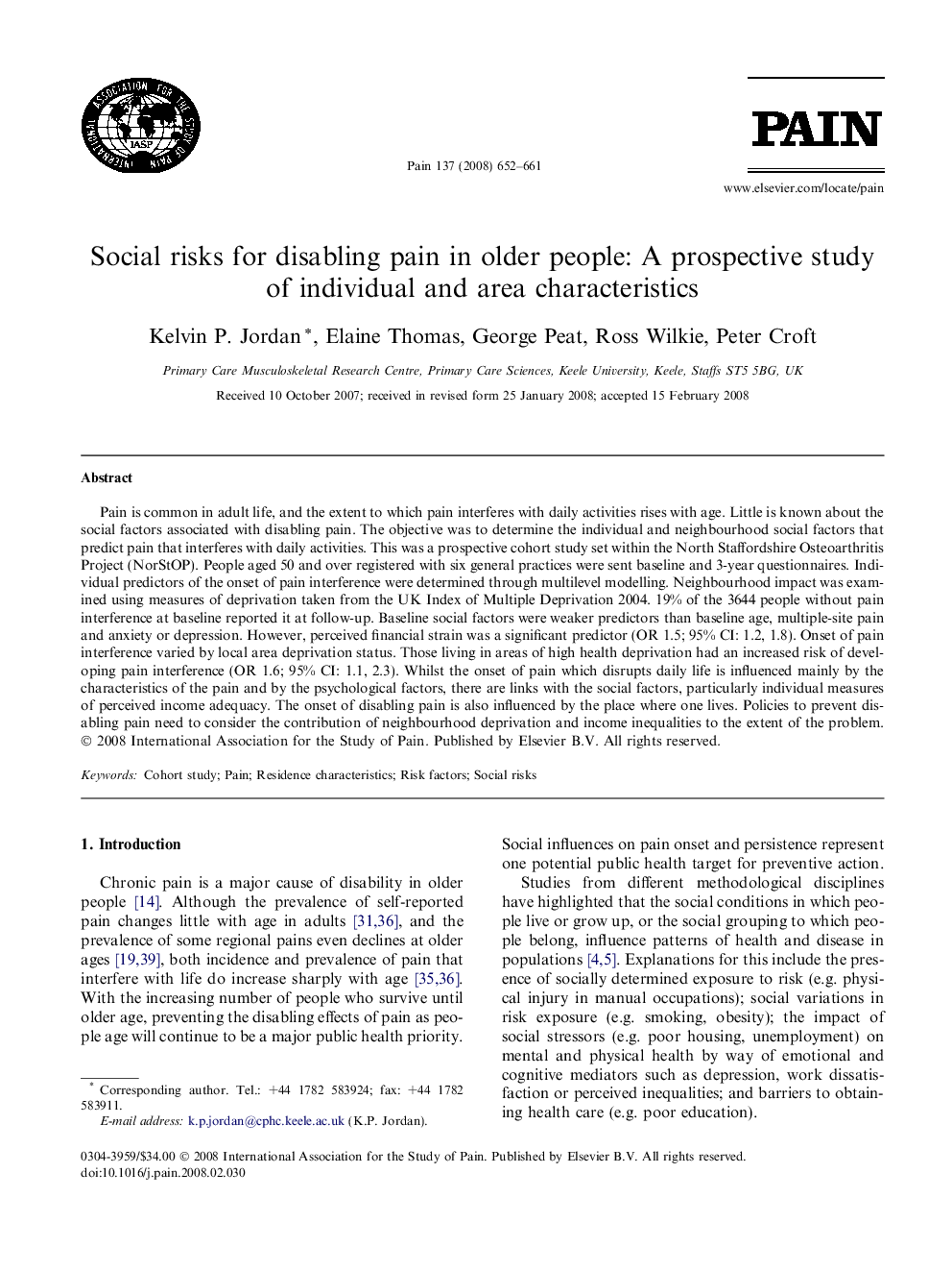 Social risks for disabling pain in older people: A prospective study of individual and area characteristics