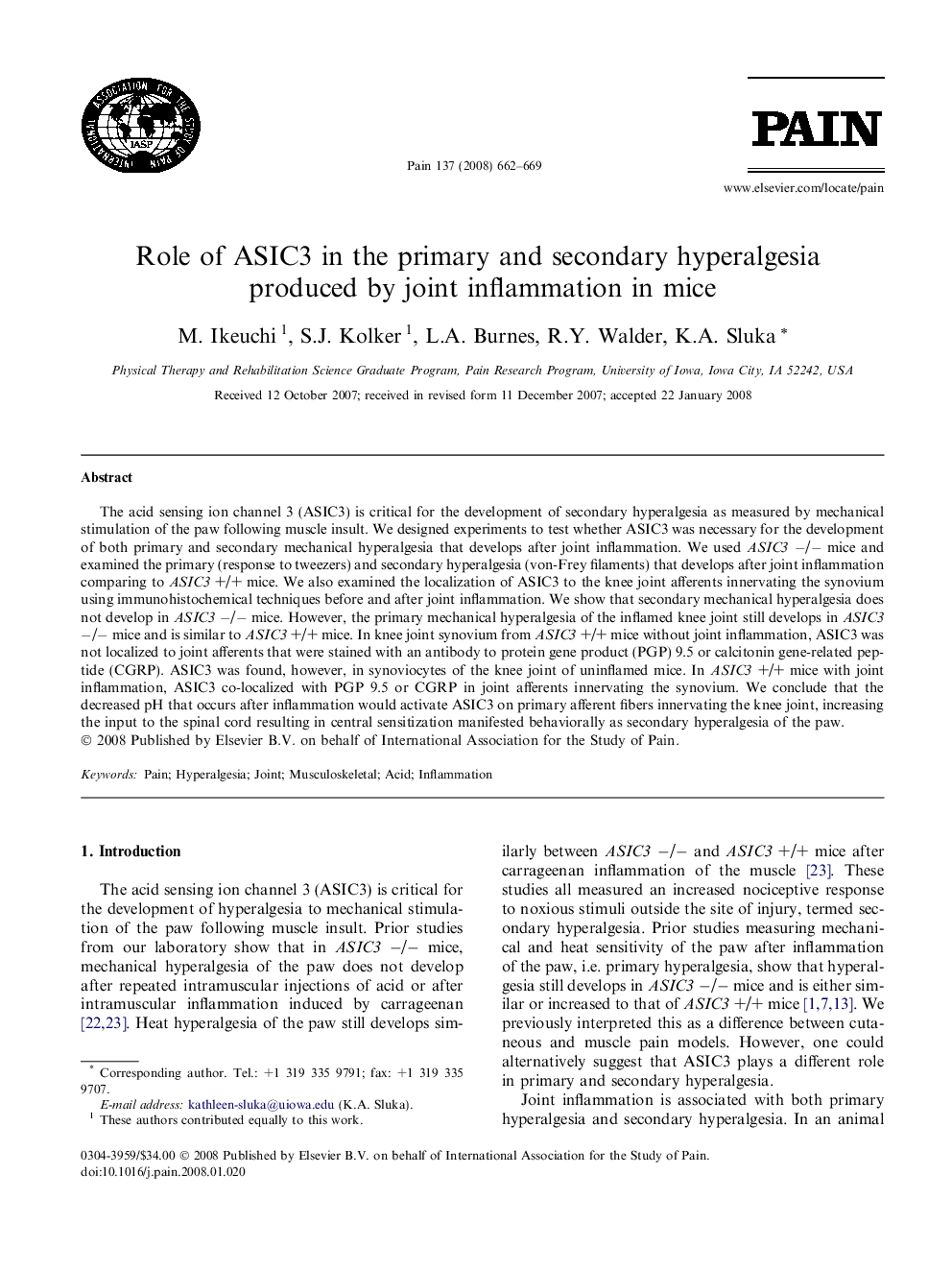 عکس صفحه اول مقاله: Role of ASIC3 in the primary and secondary hyperalgesia produced by joint inflammation in mice Role of ASIC3 in the primary and secondary hyperalgesia produced by joint inflammation in mice