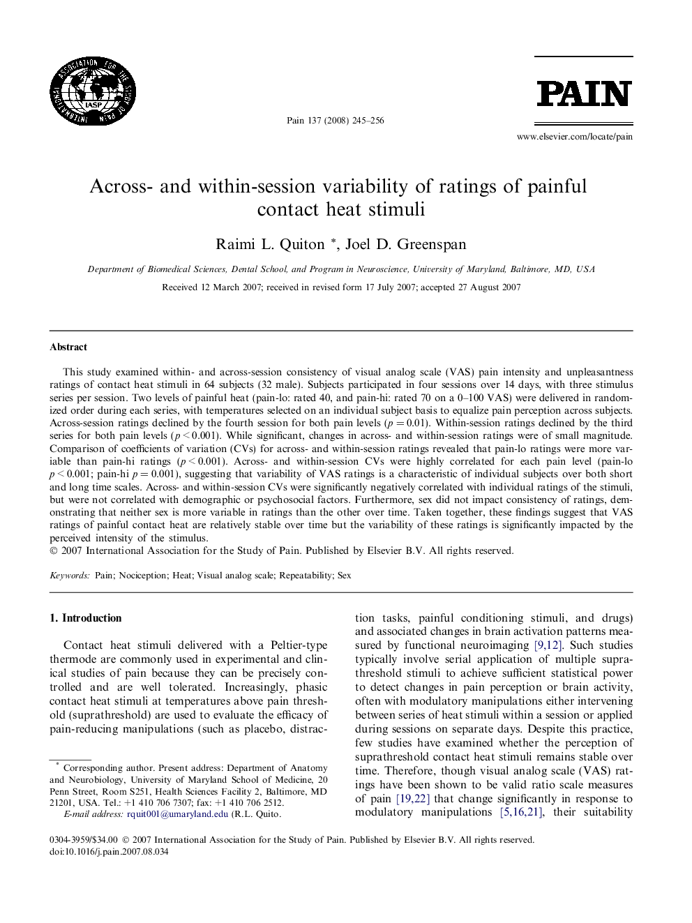 Across- and within-session variability of ratings of painful contact heat stimuli