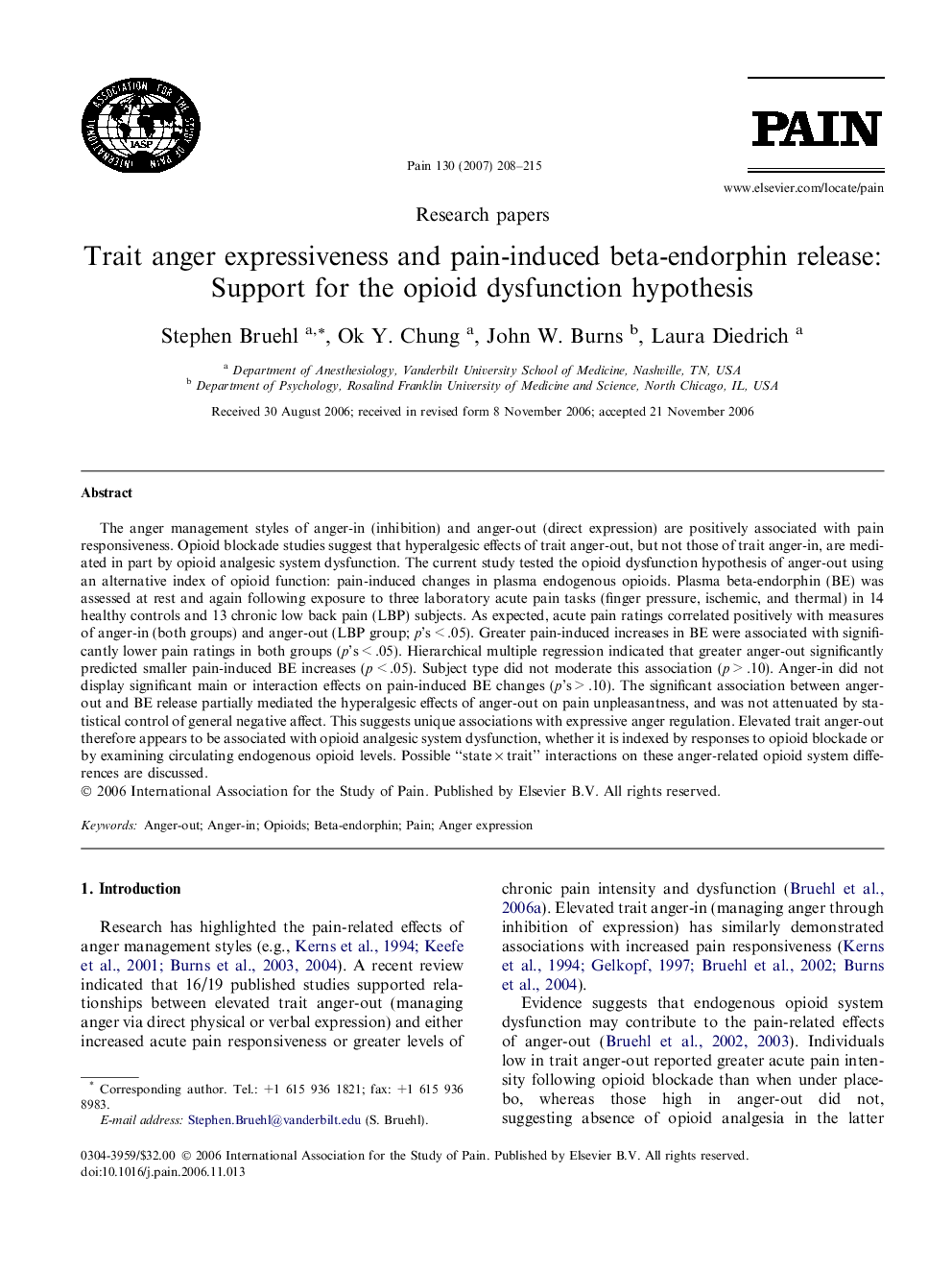 Trait anger expressiveness and pain-induced beta-endorphin release: Support for the opioid dysfunction hypothesis