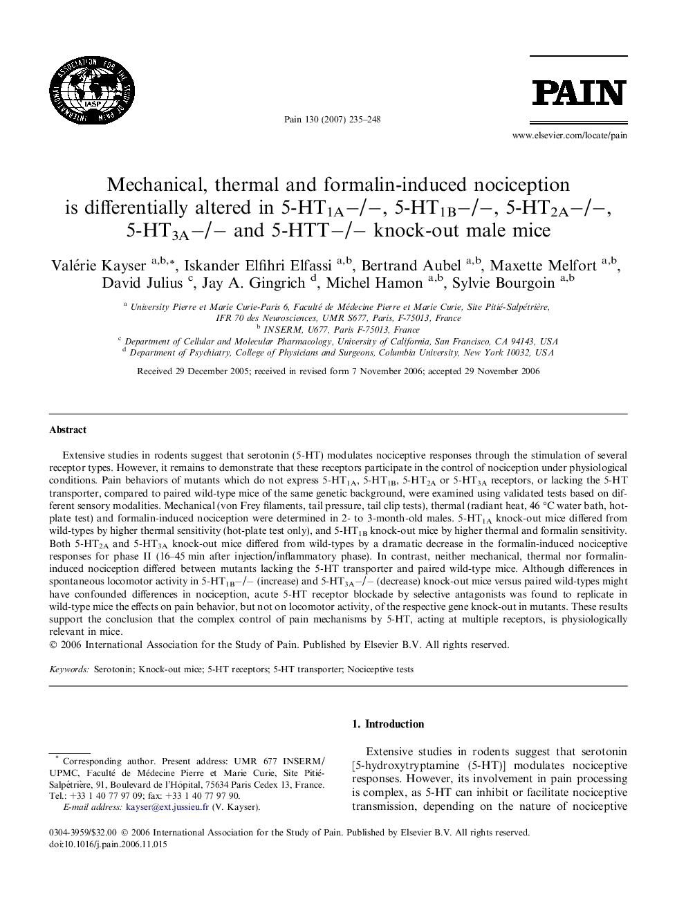 Mechanical, thermal and formalin-induced nociception is differentially altered in 5-HT1A−/−, 5-HT1B−/−, 5-HT2A−/−, 5-HT3A−/− and 5-HTT−/− knock-out male mice