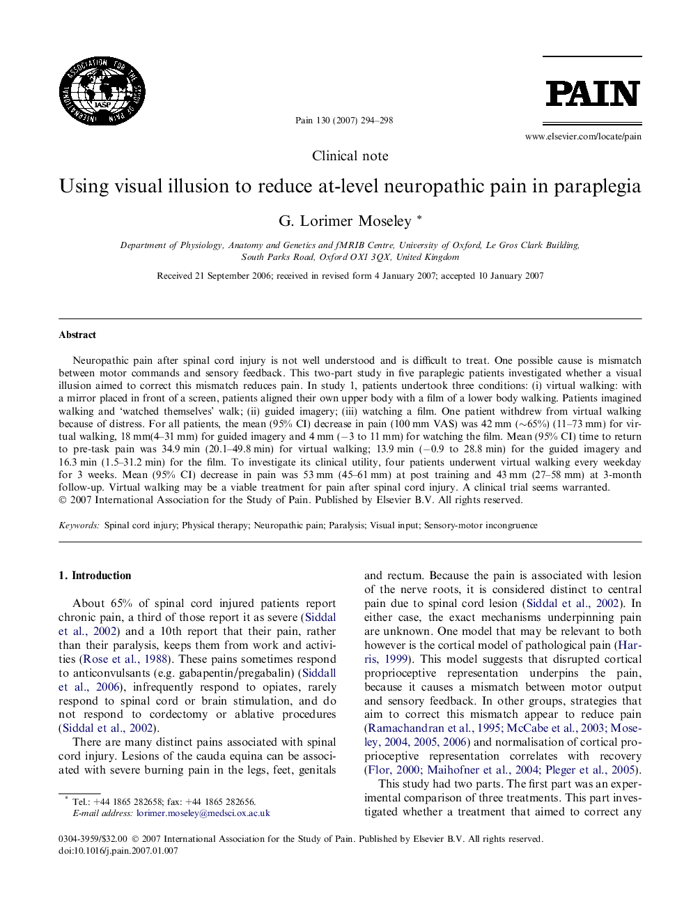 Using visual illusion to reduce at-level neuropathic pain in paraplegia