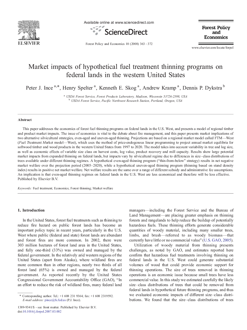 Market impacts of hypothetical fuel treatment thinning programs on federal lands in the western United States