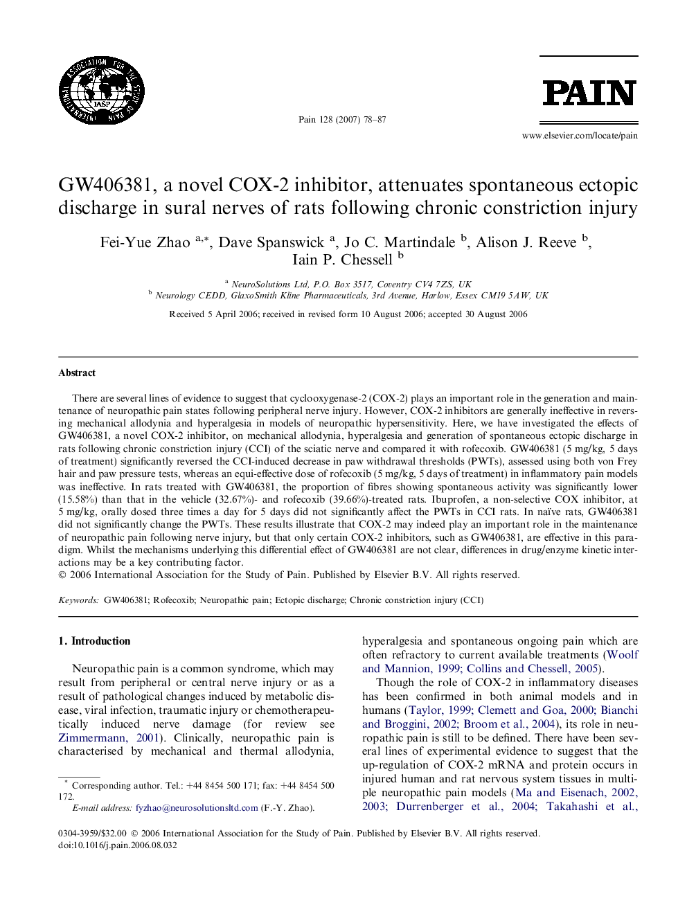 عکس صفحه اول مقاله: GW406381, a novel COX-2 inhibitor, attenuates spontaneous ectopic discharge in sural nerves of rats following chronic constriction injury GW406381, a novel COX-2 inhibitor, attenuates spontaneous ectopic discharge in sural nerves of rats following chronic constriction injury