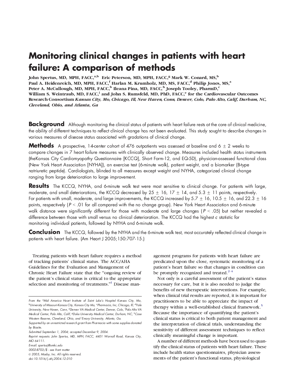 Monitoring clinical changes in patients with heart failure: A comparison of methods