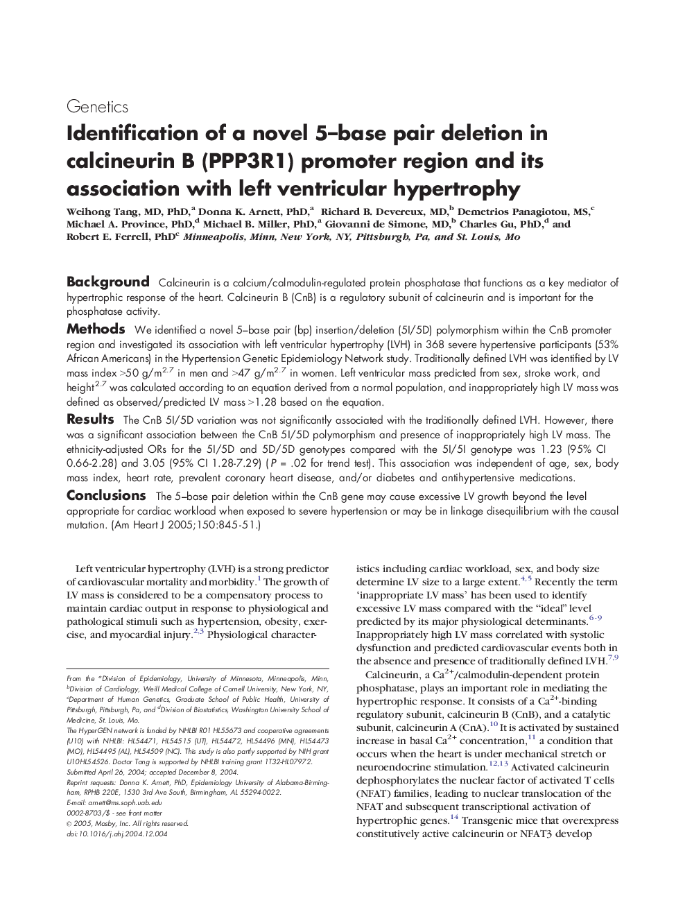 Identification of a novel 5-base pair deletion in calcineurin B (PPP3R1) promoter region and its association with left ventricular hypertrophy