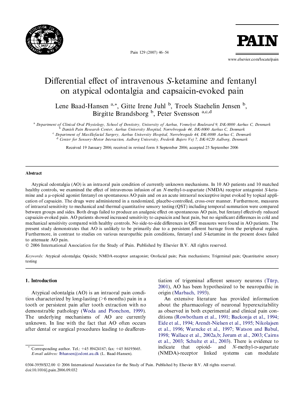 Differential effect of intravenous S-ketamine and fentanyl on atypical odontalgia and capsaicin-evoked pain