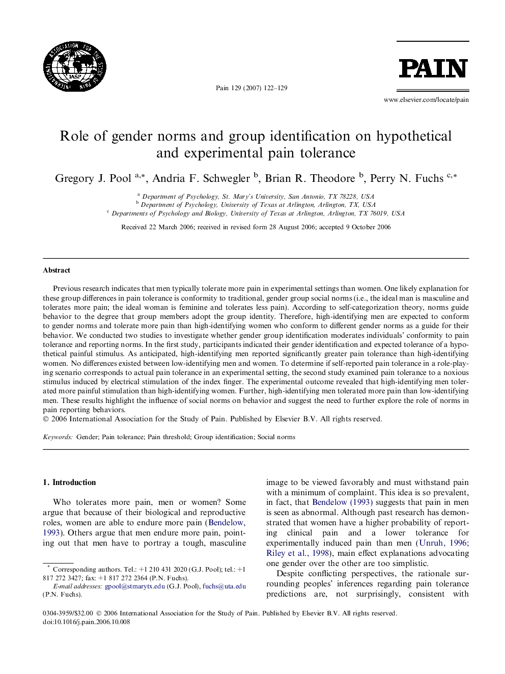 Role of gender norms and group identification on hypothetical and experimental pain tolerance