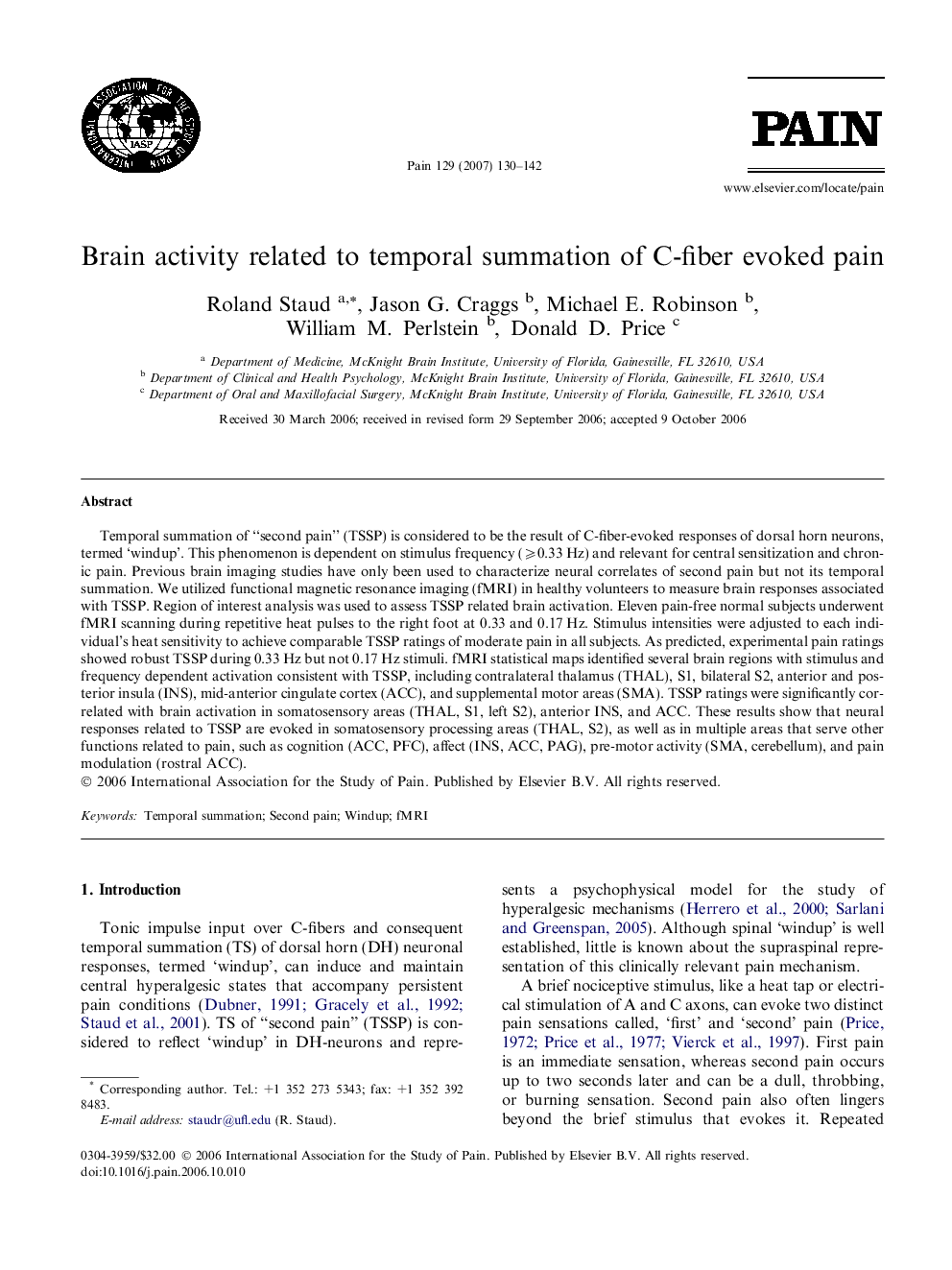 Brain activity related to temporal summation of C-fiber evoked pain