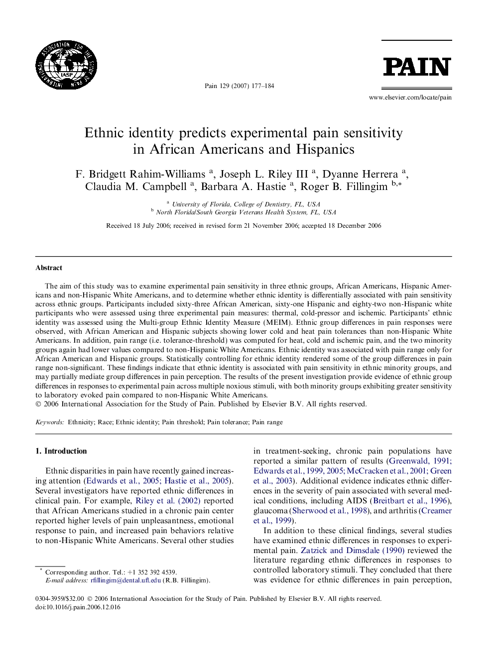 Ethnic identity predicts experimental pain sensitivity in African Americans and Hispanics