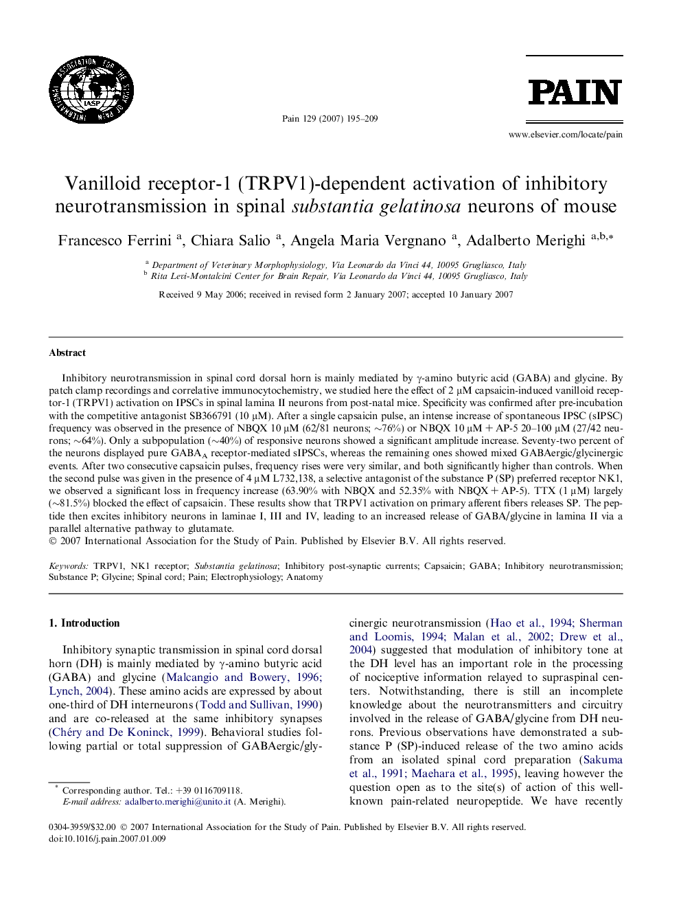 Vanilloid receptor-1 (TRPV1)-dependent activation of inhibitory neurotransmission in spinal substantia gelatinosa neurons of mouse