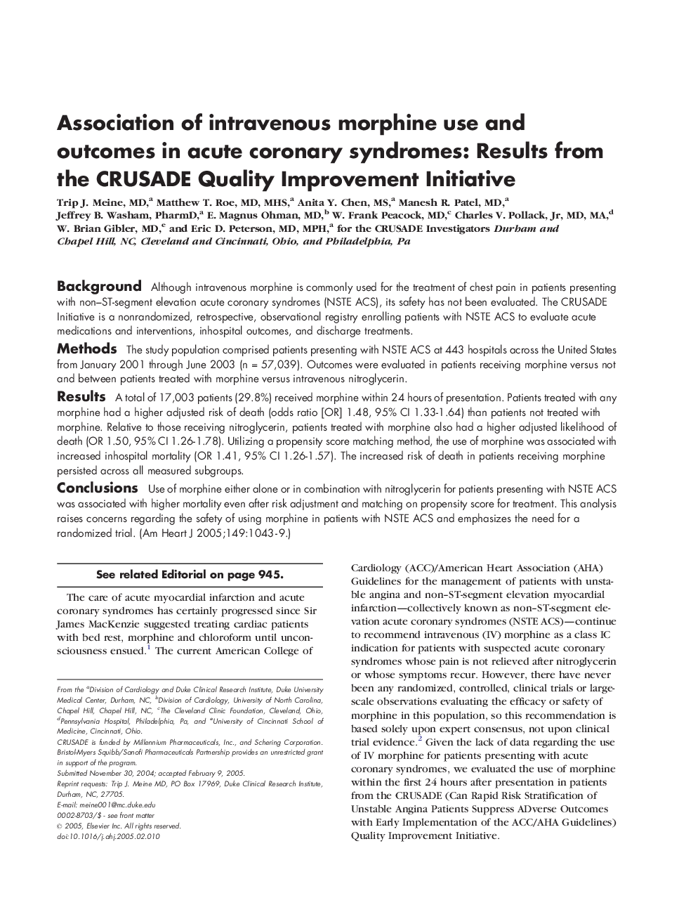 Association of intravenous morphine use and outcomes in acute coronary syndromes: Results from the CRUSADE Quality Improvement Initiative