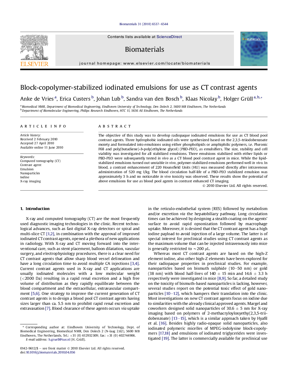 Block-copolymer-stabilized iodinated emulsions for use as CT contrast agents