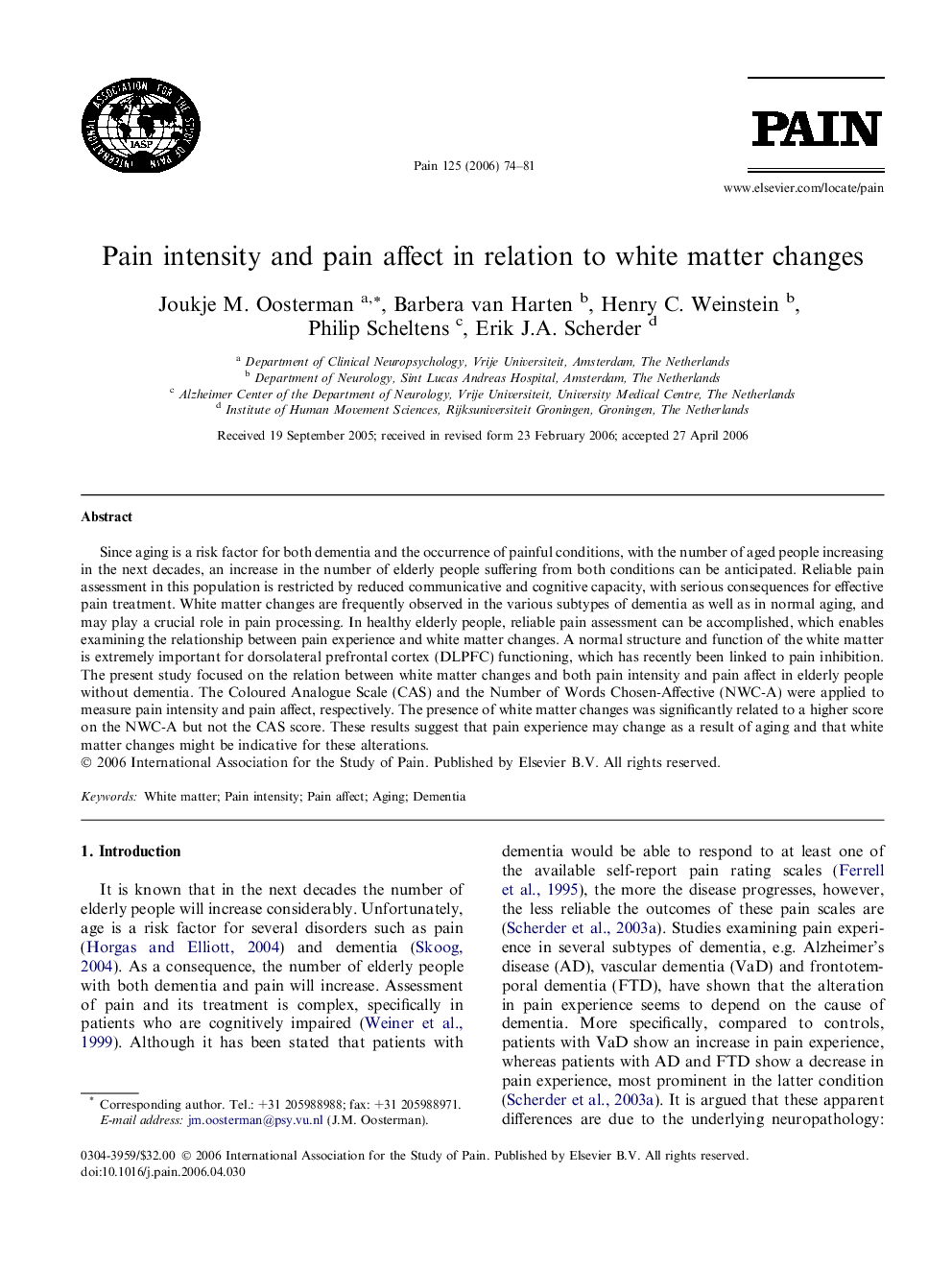 Pain intensity and pain affect in relation to white matter changes