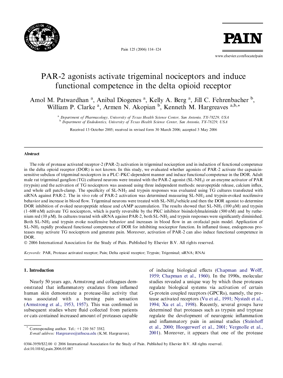 عکس صفحه اول مقاله: PAR-2 agonists activate trigeminal nociceptors and induce functional competence in the delta opioid receptor PAR-2 agonists activate trigeminal nociceptors and induce functional competence in the delta opioid receptor