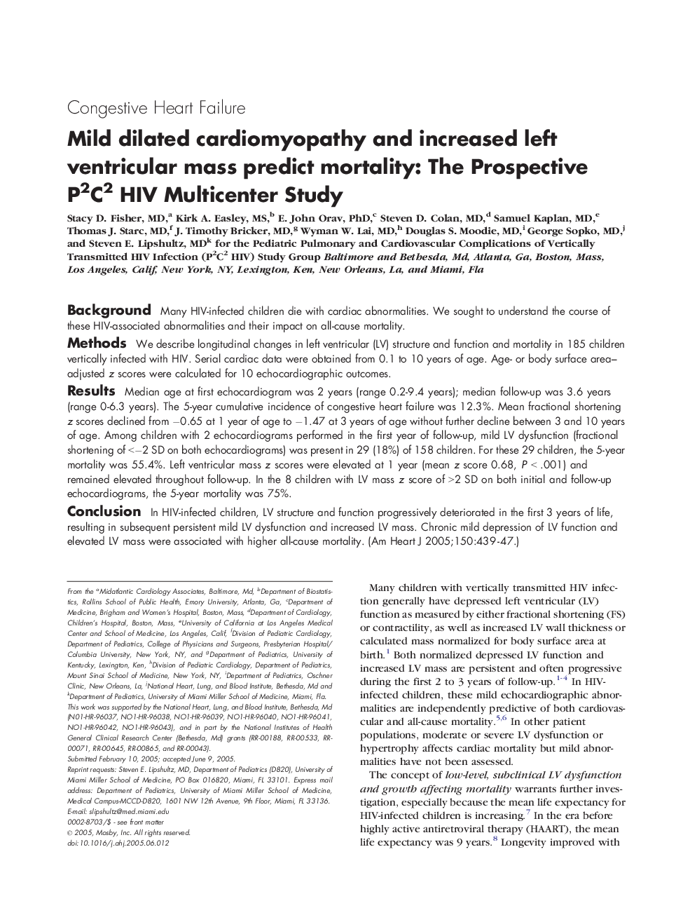 Mild dilated cardiomyopathy and increased left ventricular mass predict mortality: The Prospective P2C2 HIV Multicenter Study